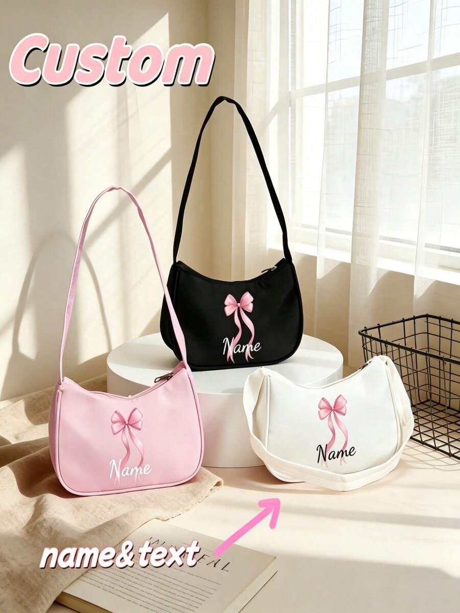 1pc Mini Personalized Back To School Shoulder Bag, Versatile Cute Bow Theme Print, Zipper Closure Nylon Material, Handheld, Suitable For School, Commuting, Shopping, Outdoor Travel, Daily Use. Birthday Gift. - Multicolor - View 1