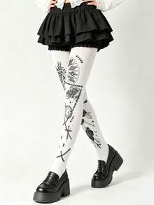 1 Pair Rose Chain Floral Print Plus Size Pantyhose, Sexy Cute Elegant Sweet Romantic, Suitable For Spring/Autumn Date Night And Daily Wear - Multicolor - View 4