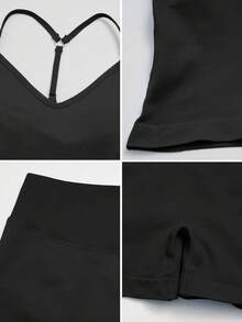 NcmRyu Conjunto deportivo de mujer de un solo color con espalda en Y, hebilla de metal ajustable, tirantes de espagueti, shorts acanalados de cintura alta - Negro - Ver 4