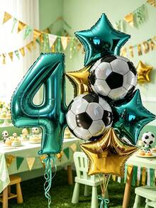 Mint Blue Number Balloon Set, Football Theme Birthday Balloon Combination, Suitable For Birthday, Anniversary, New Year Celebration, Wedding, Bachelor Party, Celebration Decoration Supplies, Foil Material - Mint Blue Number and Five-pointed Star Soccer Kit - View 2