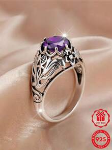 1pc 925 Sterling Silver Vintage Palace Carved Synthetic Purple Zirconia Ring, Perfect For Daily Wear And Anniversary Gift, Comes With Gift Box - Silver - View 7