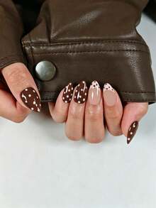 10pcs Short Almond-Shaped Press-On Nails, Autumn Brown French Tip Polka Dot Design, Acrylic Material, Suitable For Workplace Or Casual Dates And Other Occasions - Multicolor - View 2