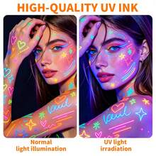FLYSEA Ultra Bright 8/10/12/16 Colors Fluorescent Glow Black Light Tattoo Pen (Only LUMINOUS Label Is Fluorescent, Glows Under UV Light), Washable Tattoo Pen, Washable Metal Tattoo Marker, Body & Face Painting, Multi-Purpose - Perfect For Birthday Parties, Halloween Costumes, Body Art Tattoos, Clown Makeup, Cosplay - Sets - View 5