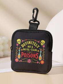 Double-Sided Dark Theme Print Mini Coin Purse, Portable Multi-Function Small Bag, Suitable For Earphones, Keys, Cards, Cosmetics And Small Items - Black - View 7