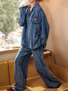 Gongdie Disney 2pcs   Women's Pajama Set, Spring/Autumn Soft Cotton, With Tassel Trim And Cartoon Print Loungewear - Blue - View 5