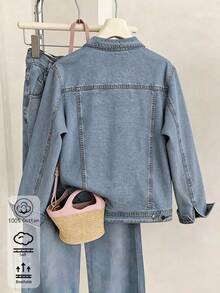 Classic Women's Denim Jacket Suitable For All Seasons. 100% Pure Cotton Vintage Washed Jacket. Loose Fit, Versatile And Casual Top - Light Denim Blue - View 11
