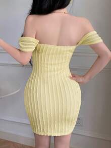 abyoxi Light Yellow Textured Knit Off Shoulder Bodycon Mini Dress, New Arrival Vacation Summer Party Dress - Yellow - View 2