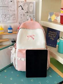 1pc Girls Colorblock Bow Nylon Zipper Closure Sweet Backpack Student School Bag Suitable For All Seasons Daily Use Without Pendant - A - View 5