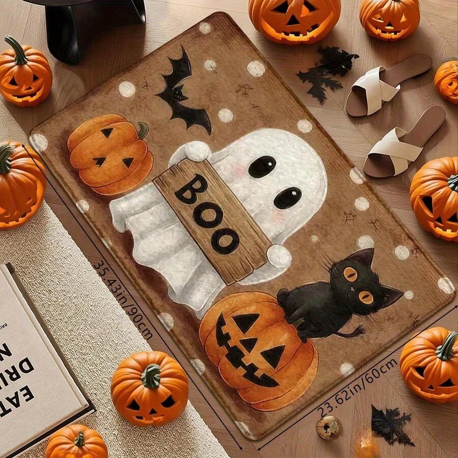 1pc Halloween Ghost & Black Cat Art Doormat, Personalized Aesthetic Style Decorative Rug, Highly Attractive Cozy Rectangular Entryway Hallway Bedroom Bedside Door Mat, Ins-Style Space Aesthetic Atmosphere Blanket, Dopamine Pumpkin Latte Style Cute Halloween Holiday Soft Decor Accent, Small Rug, Carpet, Doormat, Home Decor, Area Rug, Leisure Blanket, Small Bedside Rug, Door Mat, Washable Carpet - Multicolor - View 1