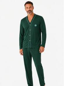 Men's Open Button Pajamas With Long Sleeves And Long Pants For Winter Post-Surgical Use In Knit Fabric - Army Green - View 1