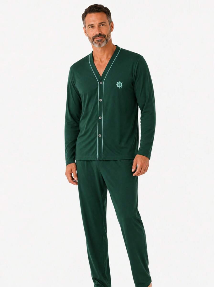 Men's Open Button Pajamas With Long Sleeves And Long Pants For Winter Post-Surgical Use In Knit Fabric - Army Green - View 1