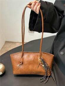 Dedoo 1pc New Coffee Color Bowling Bag, Autumn/Winter Vintage Style, Suitable For Commuting/Student Use (Pendant Not Included) - Brown - View 5