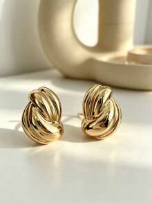 1Pair Gold Plated Twisted Knot Stud Earrings, Minimalist Chunky Textured Button Earrings, Elegant Statement Jewelry For Women, Daily & Office Wear - Earrings - View 3