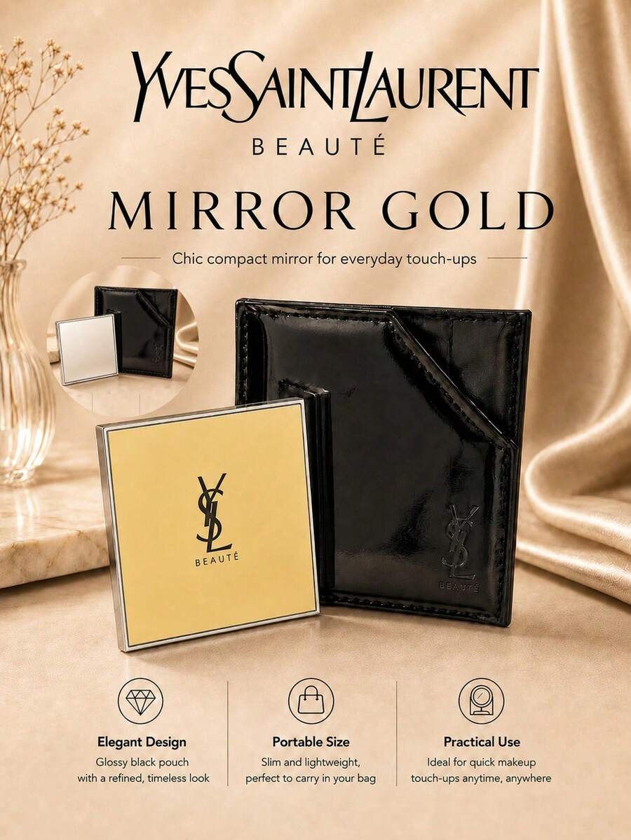 YSL 聖羅蘭金色化妝鏡，7cm 方形金框化妝鏡，高清鏡面配皮質收納袋，輕薄便攜，補妝，自用送禮都合適。