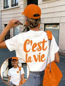 Fashionable Women's Short-Sleeved T-Shirt With Front And Back Print, European And American Style With Letter Pattern, Round Neck Top, Loose Fit, Sexy, - 白色 6 - 查看 12