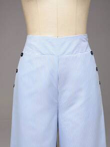 1pc Women's Fashion Striped Front Button Design Casual Wide Leg Pants, Suitable For Office & Dates, Spring/Summer - Blue - View 5