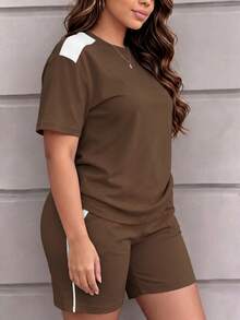 Spring Summer Autumn Women's Casual Round Neck Short Sleeve Top And Shorts Set, With Pockets, Slightly Elastic Fabric Elegant - Brown 89 + White - View 4