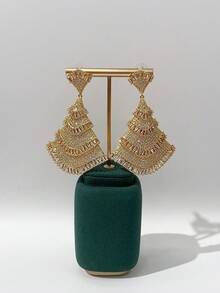 Juego de 3 piezas de accesorios de joyería para mujer con diseño en forma de abanico de cobre y circonita cúbica, para boda y vestido de novia, estilo nuevo de Dubái en Oriente Medio, pendientes y collar de novia dorados, conjunto de 2 piezas con cadena, regalo de San Valentín - Dorado - Ver 2