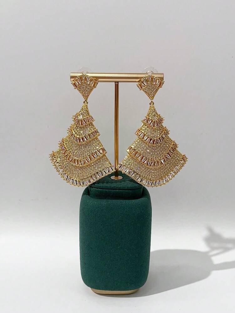 3件組 銅製立方鋯石扇形設計女士珠寶飾品，適合婚禮、婚紗，中東杜拜新風格新娘金色耳環與項鍊2件套鏈條，情人節禮物 - 金色 - 查看 2