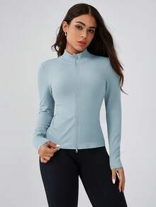Leorrey 1pc Women's Ribbed Double Zipper Stand Collar Fitness Workout Yoga Running Cycling Long Sleeve Sports Jacket - Baby Blue - View 5
