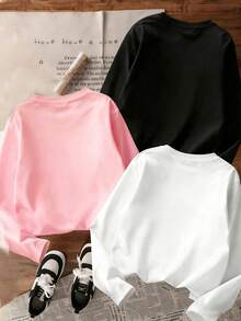 3pcs-Tween Girl Casual Fun Print Crew Neck Pullover Long Sleeve T-Shirt, Autumn/Winter Top - Black - View 2