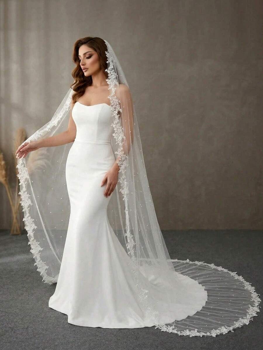 1pc White Lace Trim Faux Pearl Short Bridal Veil, Suitable As Gift, For Weddings, Registration, Parties, Wedding Dress Accessories, Valentine's Day Hair Accessory With Comb