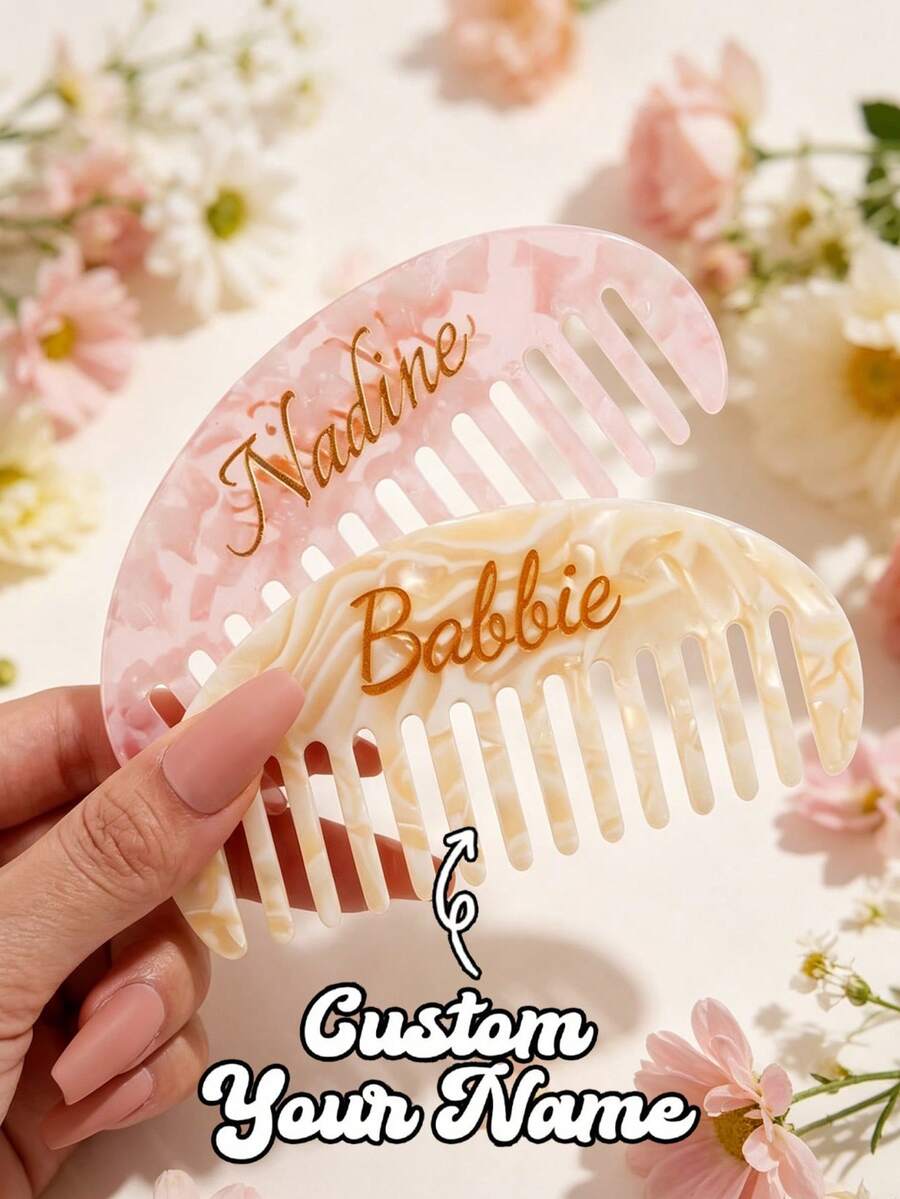 Custom Engraved Hair Comb/ Engraved Comb/ Wedding Bridesmaids Gift/ Marble Hair Comb/ Custom Initial Acetate Hair Comb/ Pocket Hair Comb/ Bridal Gift - Multicolor - View 1