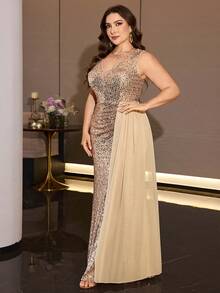 XUIBOL Plus-Size Sequined Vest Dress With A Train, Satin Flared Skirt, Elegant And Luxurious Evening Gown Formal Parties And Other Occasions. - Champagne - View 5