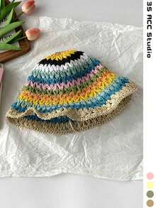 Dopamine Striped Straw Fisherman Hat Women Summer Hollow Out Breathable Bucket Hat Slimming Face Sun Protection Sun Hat Plus Size Rainbow Striped Hollow Straw Hat Women Travel Outdoor Sun Protection Face Covering Sun Hat Women New Wide Brim Slimming Face Large Head Circumference Handmade Woven Large Size Fisherman Hat Vacation Beach Bucket Hat Back To School - Multicolor - View 20