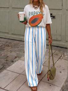 Women's Summer Pink Striped Wide Leg Pants, High Waist Casual Loose Beach Pants, Bohemian Style Pink Vertical Striped Straight Leg Long Pants - White and Blue - View 2