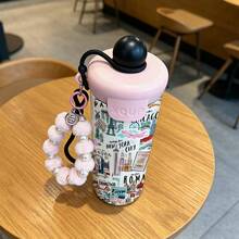 1個 600ML 不鏽鋼保溫隨行杯，附時尚印花、粉珍珠掛繩、矽膠吸管，適用於咖啡、茶、牛奶、果汁、冷熱飲，適合戶外露營、辦公室、學校、居家使用，送給女朋友、家人、朋友的禮物 - 彩色 - 查看 2