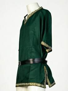 Men's Dark Green Medieval V-Neck Short Sleeve Gold Trim Cosplay Costume, With Black Belt, Renaissance Style Halloween Performance Outfit - Green - View 5