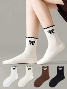 ZUJO 4 Pairs Women's Mid-Calf Socks, Bow Knot Pattern, Suitable For Autumn/Winter Daily Wear, Simple And Comfortable, Random Color - Multicolor - View 6