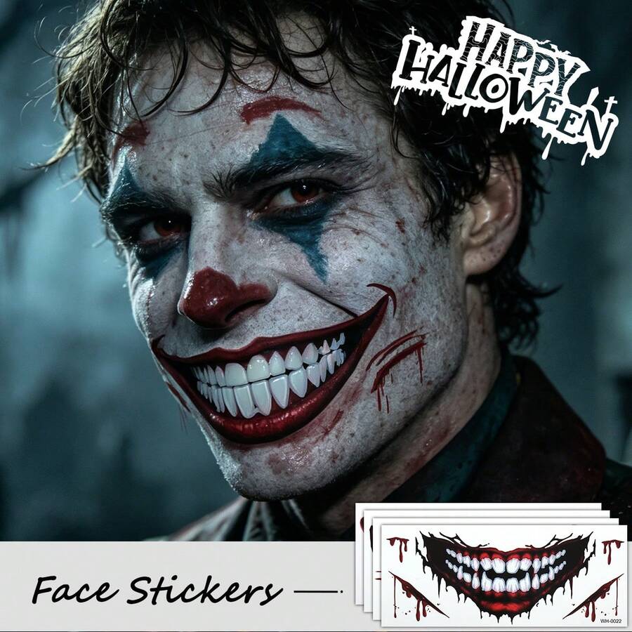 4 Sheets Halloween Horror Joker Mouth Temporary Tattoos, Waterproof Bloody Smile & Fangs Face Stickers For Scary Cosplay