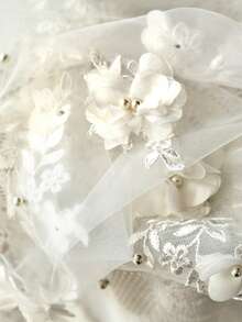1pc 3D Lace Flower Faux Pearl Long Floor-Length Bridal Veil, White Soft Tulle, Wedding Chapel Bridal Accessory - Milky - View 6