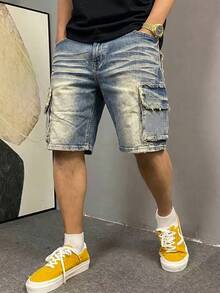 Pantalones cortos de mezclilla de trabajo, pantalones cortos de mezclilla de 5 bolsillos hasta la rodilla, pantalones cortos de mezclilla con efecto desgastado, lavado y deshilachado de estilo callejero con múltiples bolsillos para hombres, verano, pantalones cortos holgados de pierna recta hasta la rodilla, jeans de mezclilla estilo hip-hop callejero, moda de estilo callejero versátil, adecuado para el uso diario y el uso en verano. - Azul - Ver 1