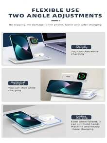 Foldable 3-In-1 Wireless Charging Station, 15W Fast Multi-Device Charger. Dual-Angle Stand Supports Horizontal And Vertical Layouts, Suitable For Video Watching. Foldable Compact Design, Perfect For Desk, Bedroom, Office, Travel. Compatible With All Qi Wireless Phones, Smartwatches And Bluetooth Earphones. Sensitive Coil Provides Stable Power. Lightweight ABS Shell With Ambient Light, Say Goodbye To Cluttered Charging Cables. - Black - View 8