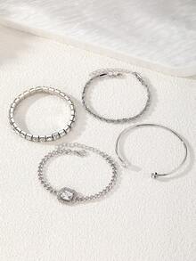 4pcs Luxury Fashion Minimalist Personalized Fresh Multi-Layer Stackable Square Rhinestone Chain Bracelet Set For Women, Cross-Border Seasonal Hot-Selling High- Elegant Bracelet Set Suitable For Daily Wear - Silver - View 5