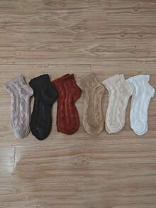 6 Pairs Women's Short Socks, Comfortable Versatile Twisted Cable Knit Cuff, Autumn/Winter Style - Multicolor - View 8