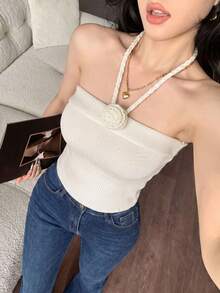 2026新款性感甜美少女针织吊带背心，纹理花卉仿珍珠装饰无袖短款修身背心，弹力针织面料少女夏季吊带背心 - 杏色 - 查看 2