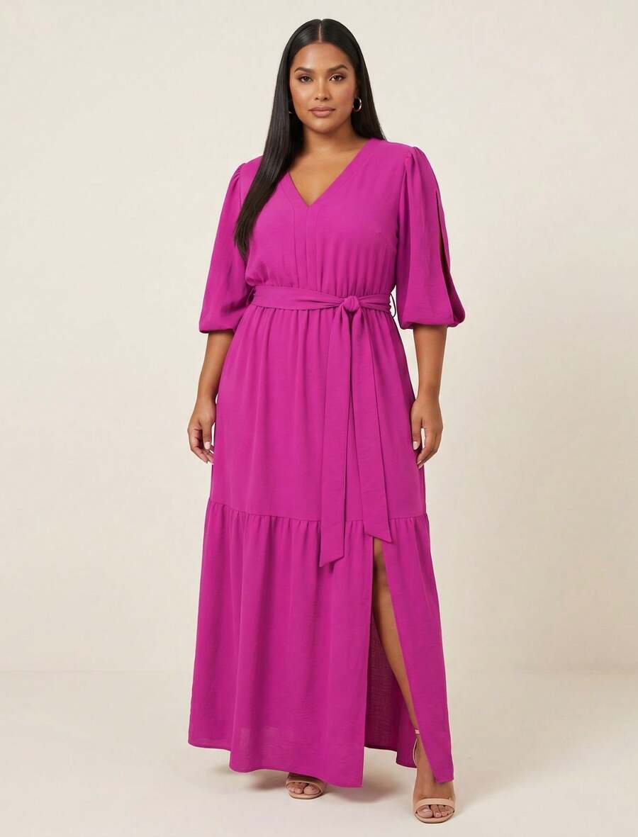 FASHION MIX PREMIUM Elegant Long Dress With Slit And Ruffle On The Hem 3/4 Puff Sleeves With V-Neckline And Tie At The Waist Women's Plus Size - 玫瑰紅 - 查看 1