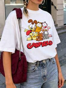 SHEIN | Garfield 女款可愛卡通團體印花圓領T恤，休閒寬鬆街頭風短袖上衣，適合夏季日常與度假穿著 - 白色 - 查看 6