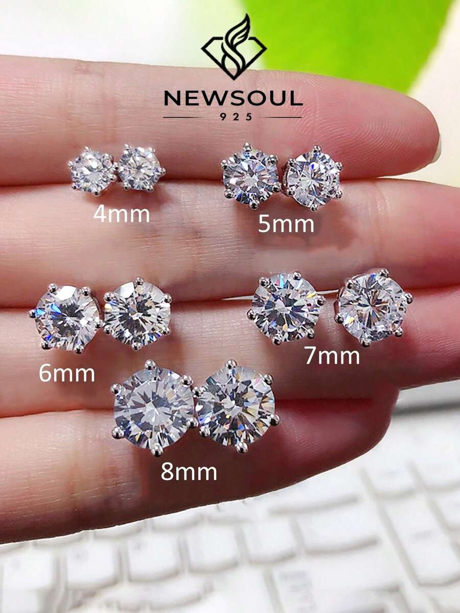 1对S925纯银精致六爪圆形耳钉，女士珠宝礼品，精美女士珠宝礼品，派对礼品，生日礼品，日常佩戴