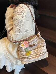 Dedoo 時尚編織草編水桶包，彩虹條紋海灘度假女款手提包，可轉換單肩與腋下包，附贈隨機吊飾 - 卡其色 - 查看 6