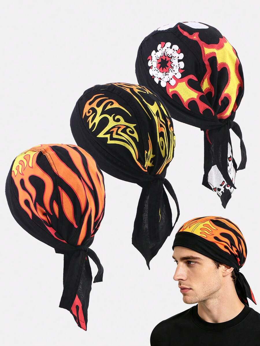 3pcs Men's Flame Pirate Bandana Headwrap Cycling Cap Suitable For Daily Use - Skull Flame / Orange-yellow Geometric Flame / Red-orange-yellow Flame - View 1