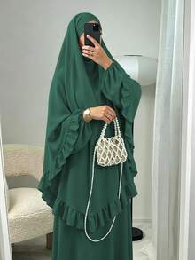 Elegant Ruffle Detail Khimari Long Robe Set, Loose Plus Size Full Length Modest Women's Clothing, Suitable For Middle Eastern Women's Daily Casual Occasions - Multicolor - View 9