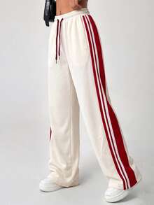 KyrLssu Simple Multi Stripe Casual Wide Leg Bottoms, Elastic Drawstring Waist Long Pants For Multi-Style Daily Matching - Beige - View 5
