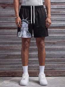 MAISONFOX Men's Street Graphic Print Casual Sports Shorts,With Statue Of Liberty Print, Baggy Pants Men,Drawstring And Pockets, Suitable For Spring And Summer - Black - View 3
