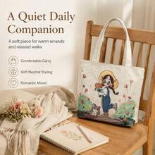 1PC Sweet Pastoral Girl & Little Cat Floral Embroidery Shiny Jacquard Tote Bag Aesthetic Cute Daily Casual Canvas Shoulder Bag,Bedroom Room Decor,Back To School - View 1