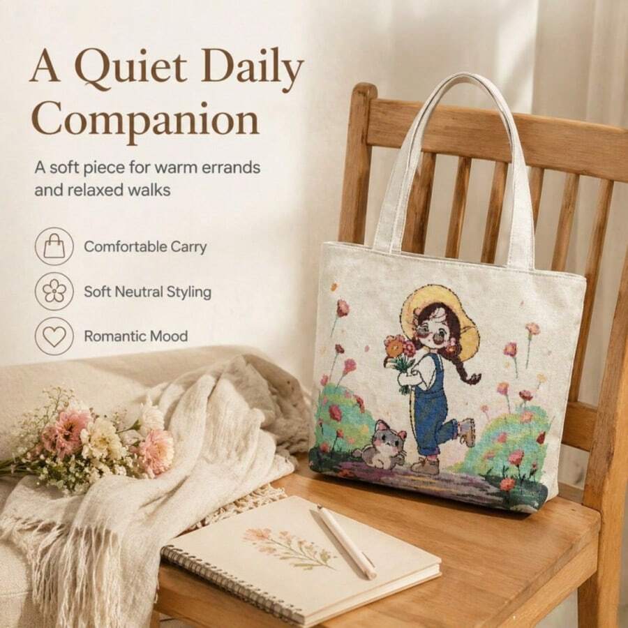 1PC Sweet Pastoral Girl & Little Cat Floral Embroidery Shiny Jacquard Tote Bag Aesthetic Cute Daily Casual Canvas Shoulder Bag,Bedroom Room Decor,Back To School - View 1